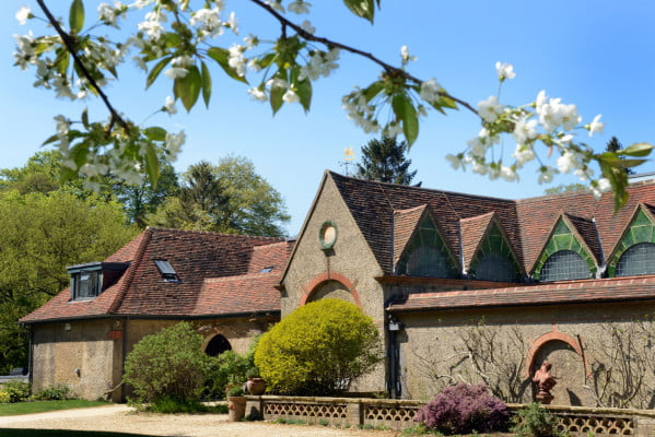 Stone building exterior with blossom