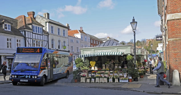 Stall selling flowers, blue bus next to stall.