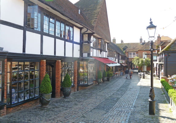 Cobbled street with shops either side
