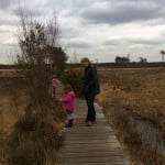 wooden boardwalk, moat on the right, grassland surrounding. Male and child on boardwalk.