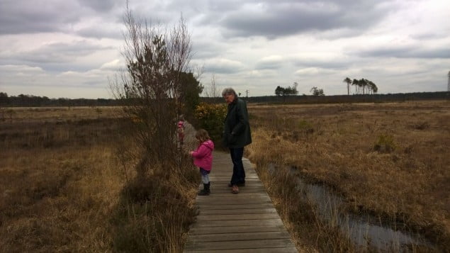 wooden boardwalk, moat on the right, grassland surrounding. Male and child on boardwalk.