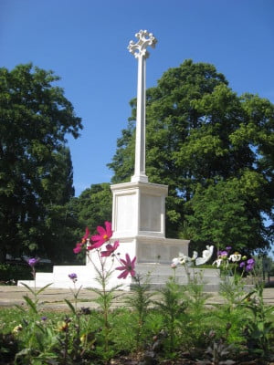 War memorial, flowers, summer, blue sky