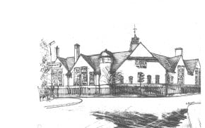 Pencil sketch of Badshot Lea School by Michael Blower. © Michael Blower