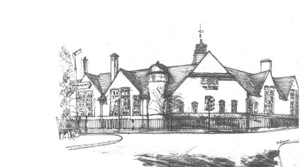 Pencil sketch of Badshot Lea School by Michael Blower. © Michael Blower