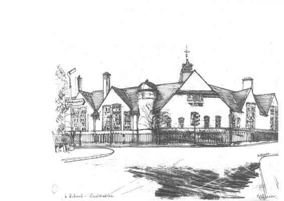 Pencil sketch of Badshot Lea School by Michael Blower. © Michael Blower