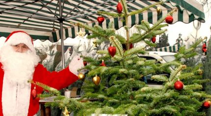 A male dressed as Father Christmas standing next to a Christmas tree