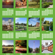 Calendar. Pictures of Farnham on a green background and showing days of month.