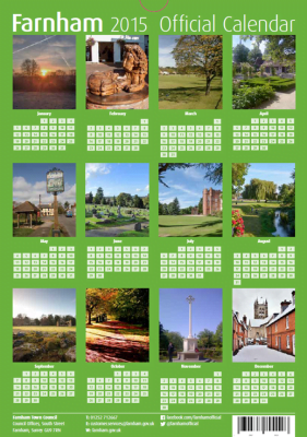 Calendar. Pictures of Farnham on a green background and showing days of month.