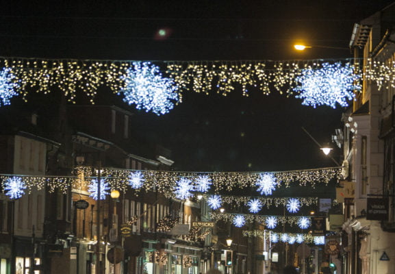 Christmas lights in town centre street