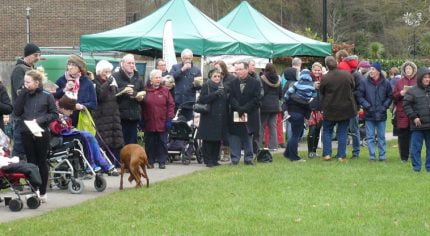 Crowd of people singing carols in Gostrey Meadow