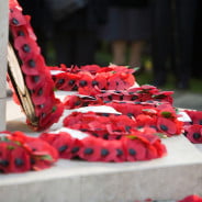 Poppy wreaths on base of war memorial.