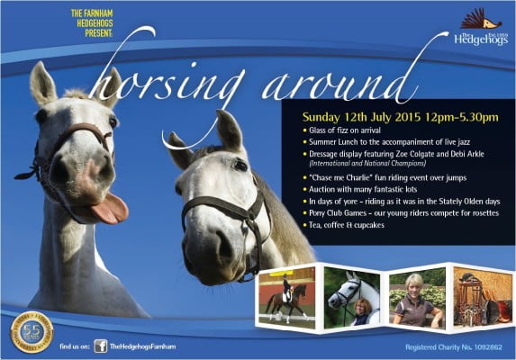 Poster with blue background, photos of horses, black text box with yellow and white text.