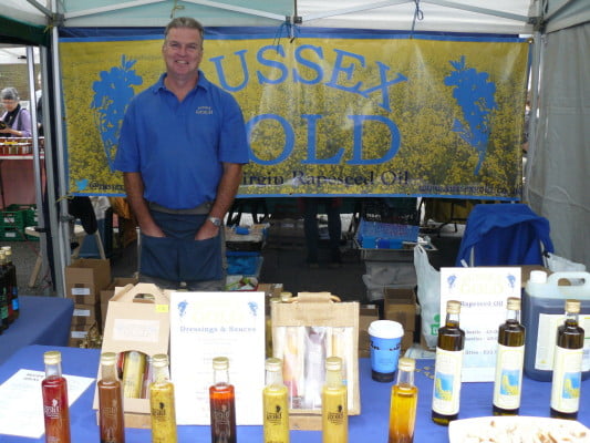 male in blue polo shirt, selling products.