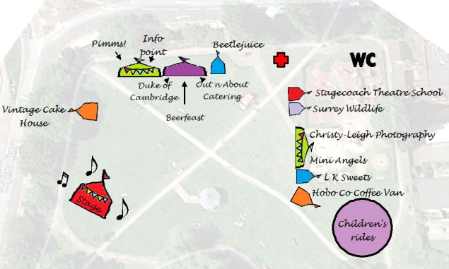 drawing of a map, gazebos, bandstand, black text.