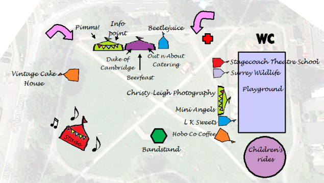 drawing of a map, gazebos, bandstand, black text.