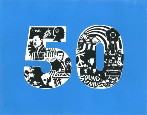 white 50 with pictures inside on blue background.