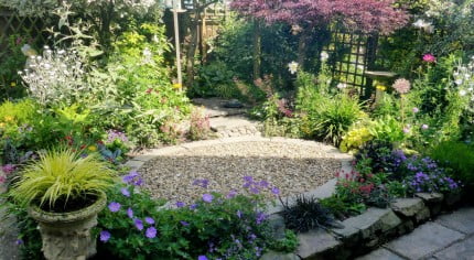 Courtyard garden in the summer. Gravel in the middle, surrounded by plants.