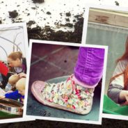 Montage of images - children in a greenhouse, a colourful shoe and a girl handling soil.