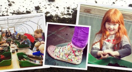 Montage of images - children in a greenhouse, a colourful shoe and a girl handling soil.