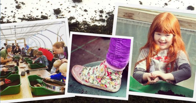 Montage of images - children in a greenhouse, a colourful shoe and a girl handling soil.