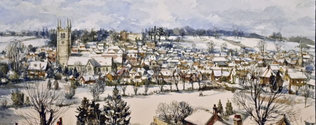 Watercolour of a town in the snow.