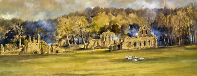 Watercolour of abbey ruins.