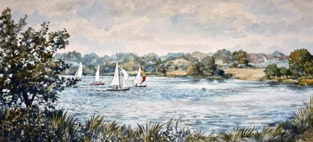 Watercolour of a pond with sailing boats.