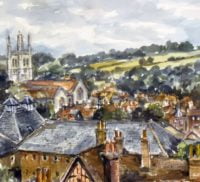 Watercolour of town centre rooftops.