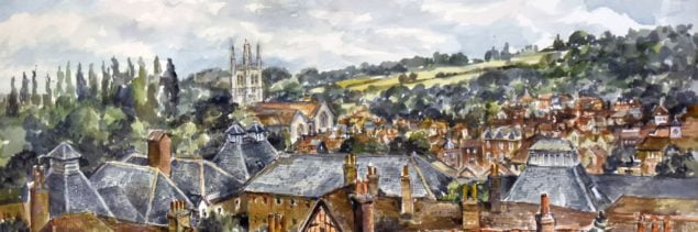 Watercolour of town centre rooftops.