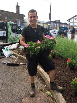 A male holding two plants in front of flower bed.