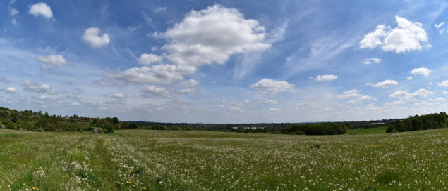 Far reaching view across a grass field