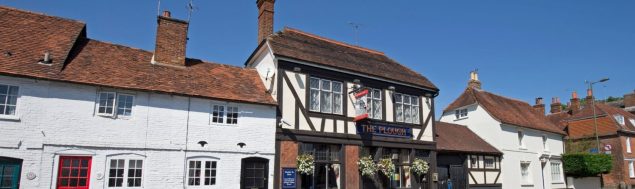 Row of houses and a pub in a town centre