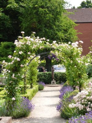 Statue at end of archway of flowers.
