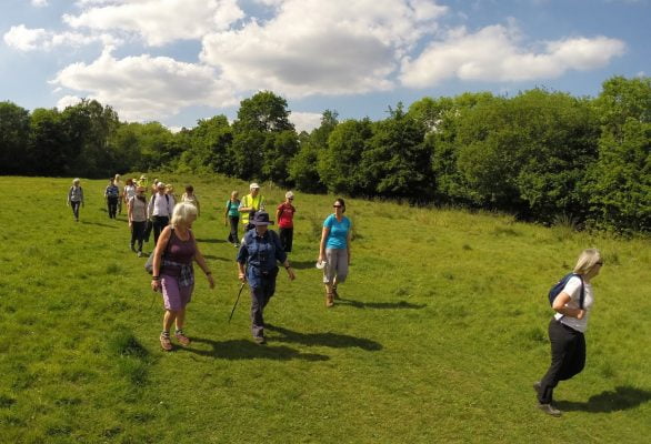 People walking across a field.