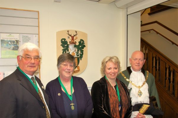 Caption: Cllr David Attfield, Deputy Mayor, Anne Attfield, Cllr Julia Potts, Mayor’s Consort and Cllr Mike Hodge, Mayor of Farnham.