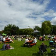 People sitting on grass and at picnic tables. Blue sky, bandstand in background.