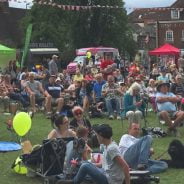 Lots of people siting on grass enjoying a music festival and picnic