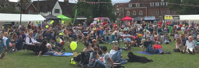 Lots of people siting on grass enjoying a music festival and picnic