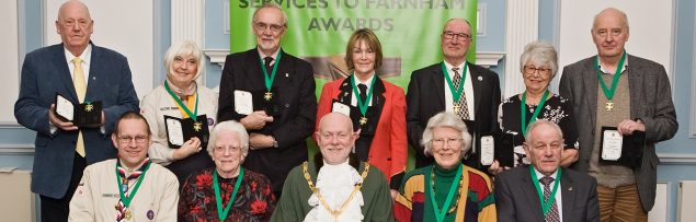Mayor with group of 11 winners of Services to Farnham awards.