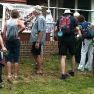 Group of walkers looking at a banner.