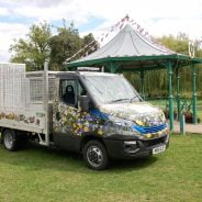 Work van decorated in flowery vinyl.