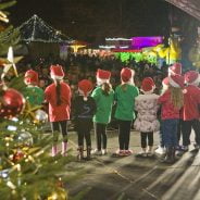 Back of children on stage. Christmas tree.