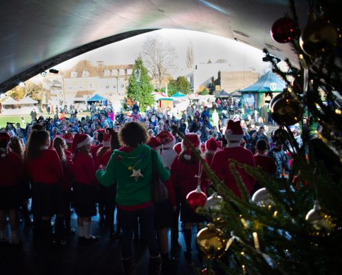 View of crowd from back of stage. Christmas