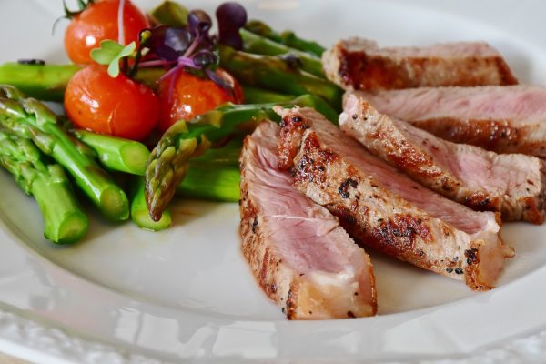 Plate of sliced meat, asparagus and tomatoes.