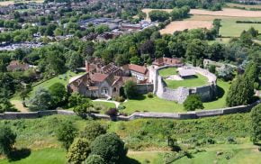 aerial photo of a castle and surrounding trees and town centre.