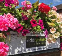 Close up of pink, purple and white flowers in a trough with a plaque on the container showing a sponsor's name.