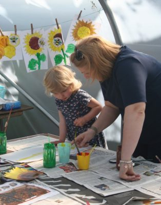 Female and child painting together