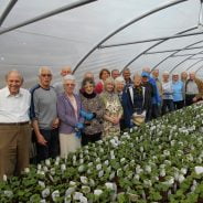 Group of people in greenhouse in front of hundreds of plants.