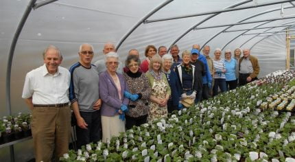 Group of people in greenhouse in front of hundreds of plants.