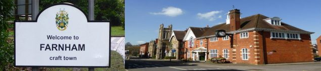 Sign post saying Welcome to Farnham craft town and exterior view of a red brick building with church next door.